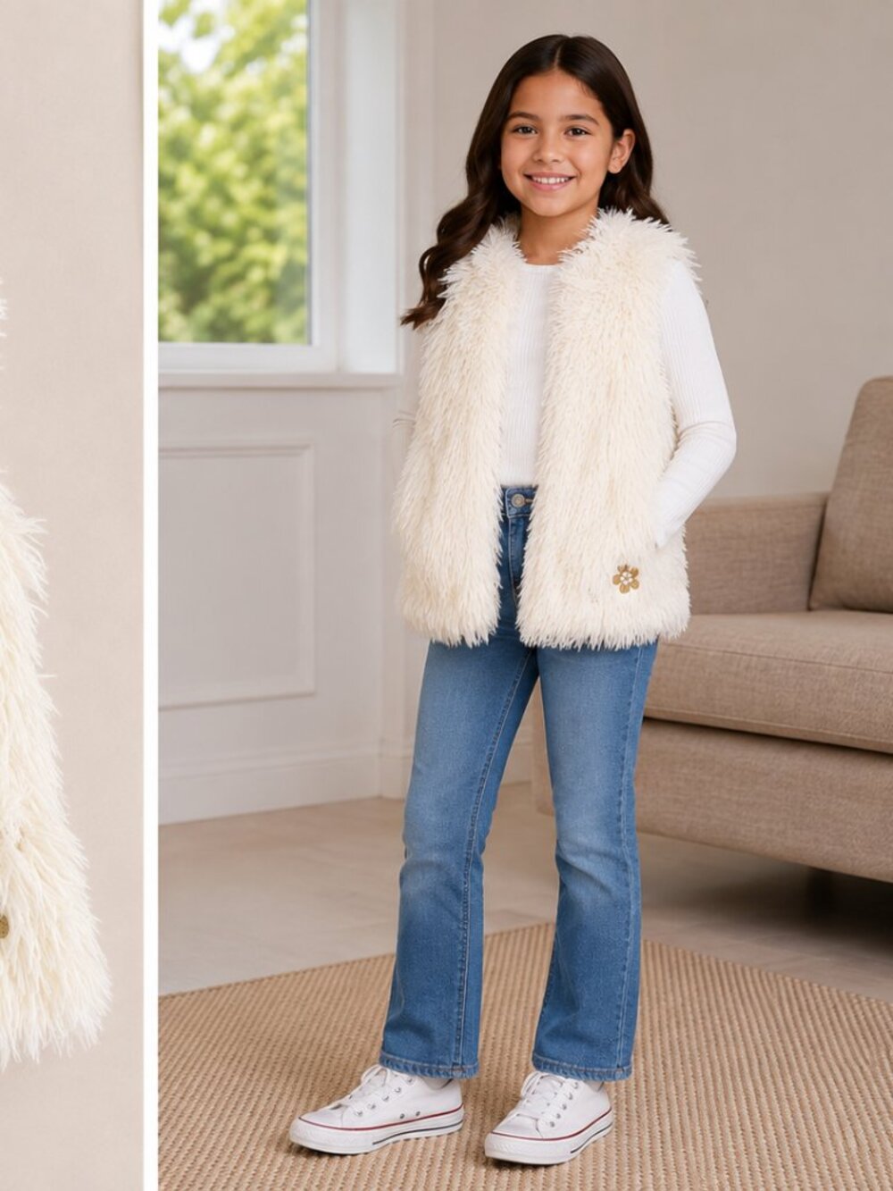 Orchestra Girls Ivory Faux Fur Shaggy Vest with Gold Flower Embroidery Size 5